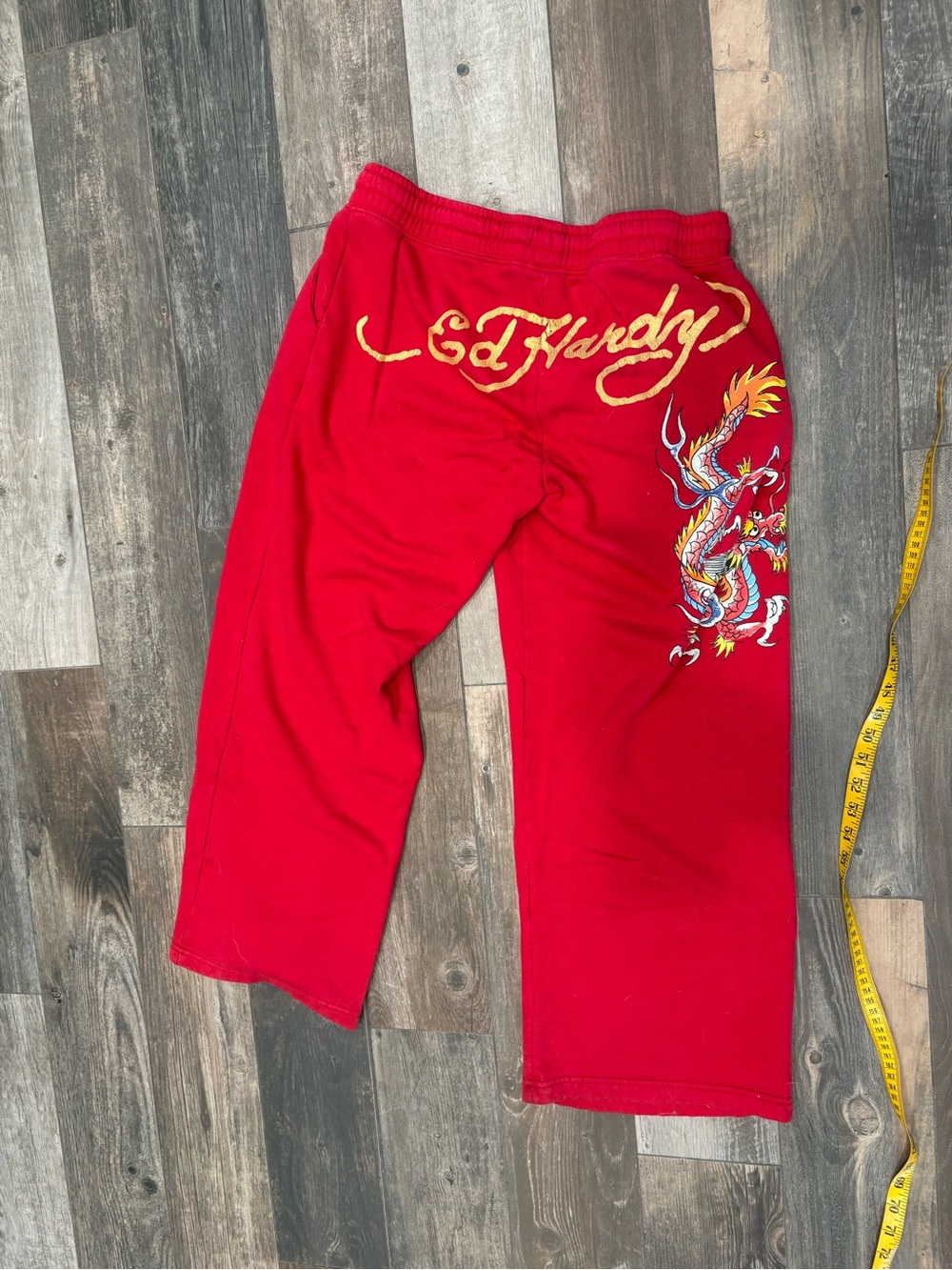 Ed Hardy Sweatpants Womens Size L Wide Leg Japanese Dragon Spell out Y2K Red